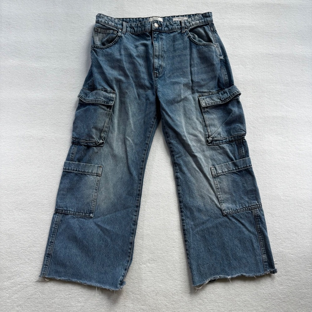 Cotton On Cargo Wide‎ Leg Jeans Womens 12 Blue Denim Raw Hem High Rise Utility
